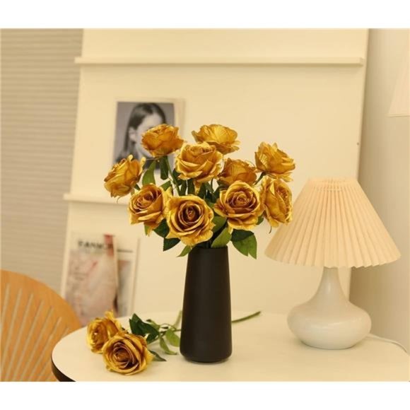 12 PCS Artificial Flowers Gold Roses Fake Silk Flower Long Stem Artificial Roses - Picture 5 of 6